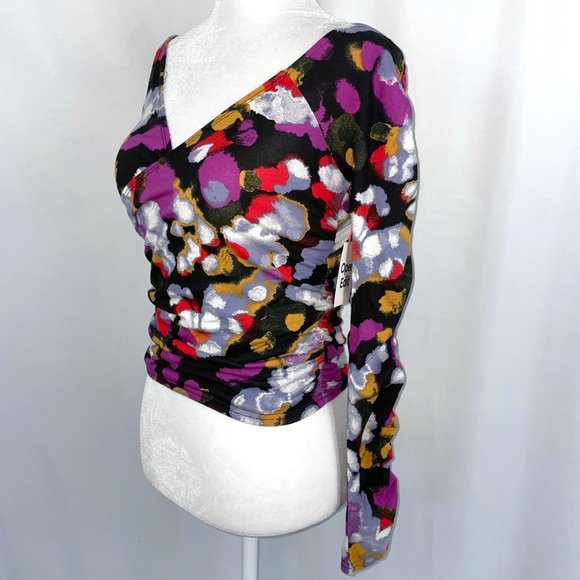 New Open Edit Off Shoulder Long Sleeve Ruched Faux Wrap Top Multi Size Small - Picture 9 of 16
